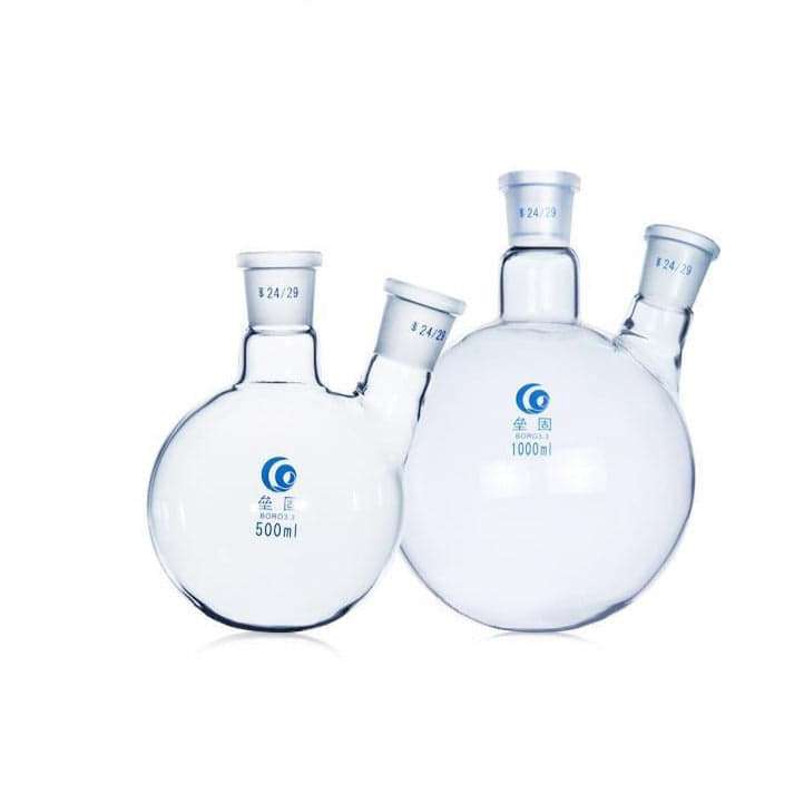 Double-necked-round-bottom-flask-bevelled-side-necks-25-1-1.jpg Double-Necked Round-Bottom Flask with Bevelled Side Necks, 250 ml to 5,000 ml