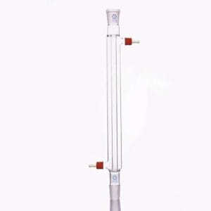 Liebig condenser with joint and unscrewable plastic connectors, length 200 mm to 500 mm.
