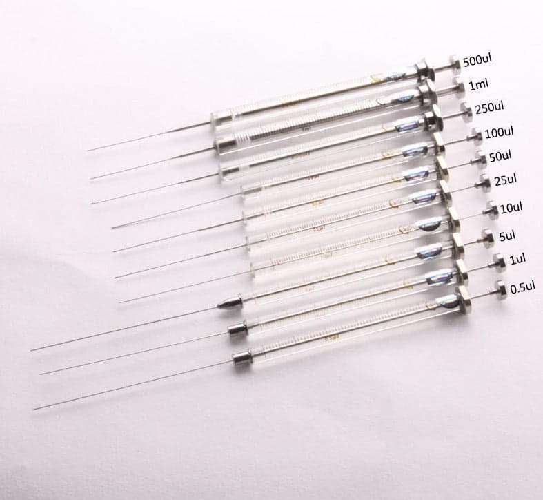 Microlitre-syringe-with-cemented-needle-capacity-0.5-to-1-1.jpg Microlitre syringe with cemented needle, Pointed Tip, capacity 0.5μl - 1000μl, for GC Analysis