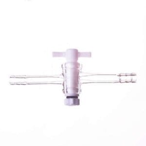 One-way tap with PTFE stopcock and hose connector, tube diameter 8 to 12 mm