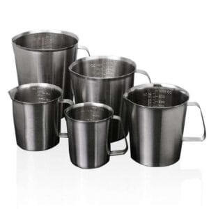 Stainless steel measuring beaker with handle, capacity 500 to 2.000 ml