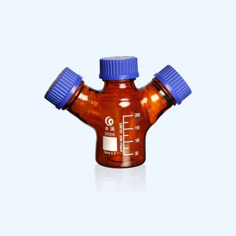 Three-necked-HPLC-bottle-with-GL45-screw-cap-brown-glas-250-ml-1-hole-1.jpg Three-necked HPLC bottle with GL45 screw cap, brown glass,capacity 250 to 2.000 ml