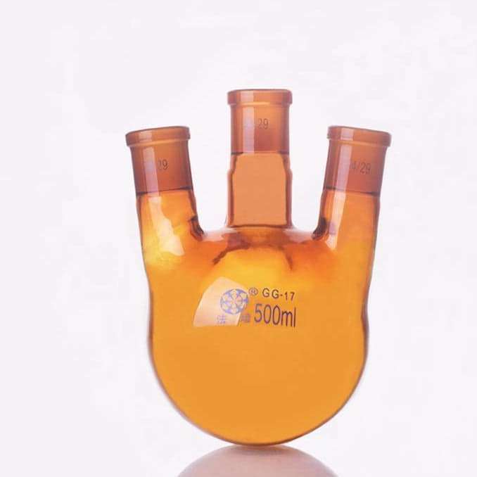 Three-necked-round-bottom-flask-bevelled-side-necks-bro-500-ml-19-26-14-23-1.jpg Three-necked round-bottom flask, bevelled side necks, brown glass, 100 ml to 500 ml