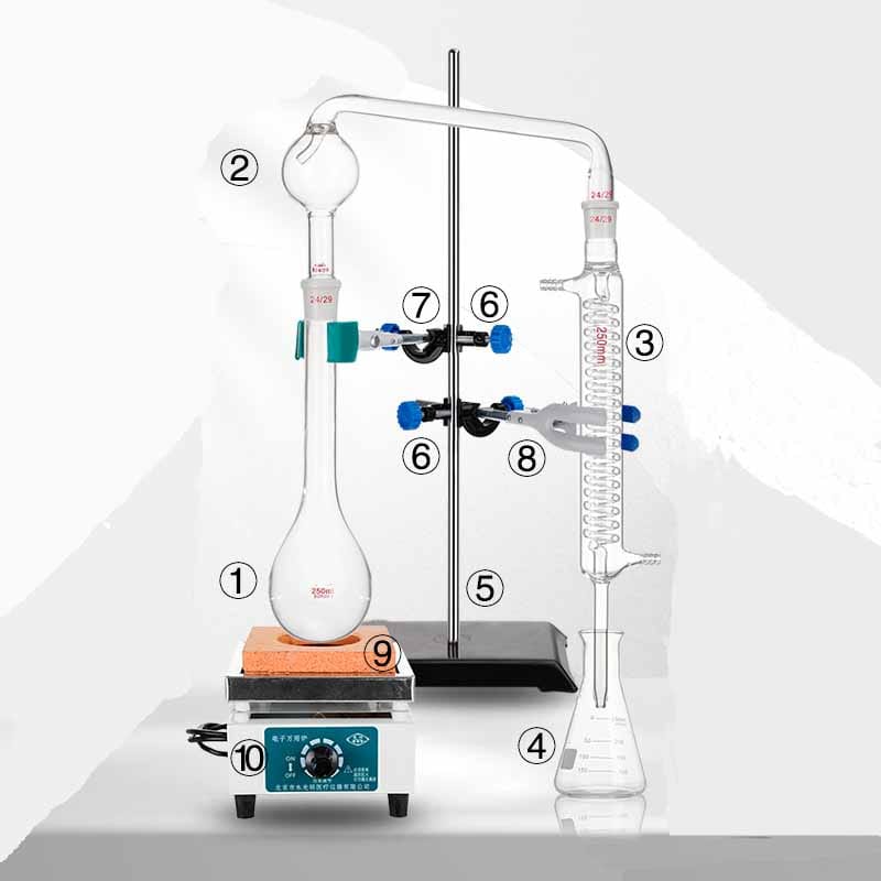 Kjeldahl destillation apparatus Kit with Graham Condenser, capacity 250 to 1.000 ml, include stand & heating Kjeldahl Distillation apparatus Kit with Graham Condenser, 250-1.000 ml, include stand & heating