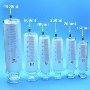 Glass Syringe with Luer Lock, 150–1000 mL, Borosilicate Glass