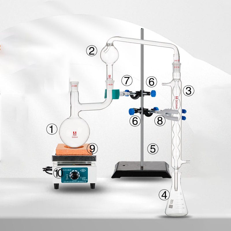 2-Neck Flask Distillation apparatus Kit with Allihn Condenser 2-Neck Flask Distillation apparatus Kit with Allihn Condenser, 250-1.000 ml, include stand & heating